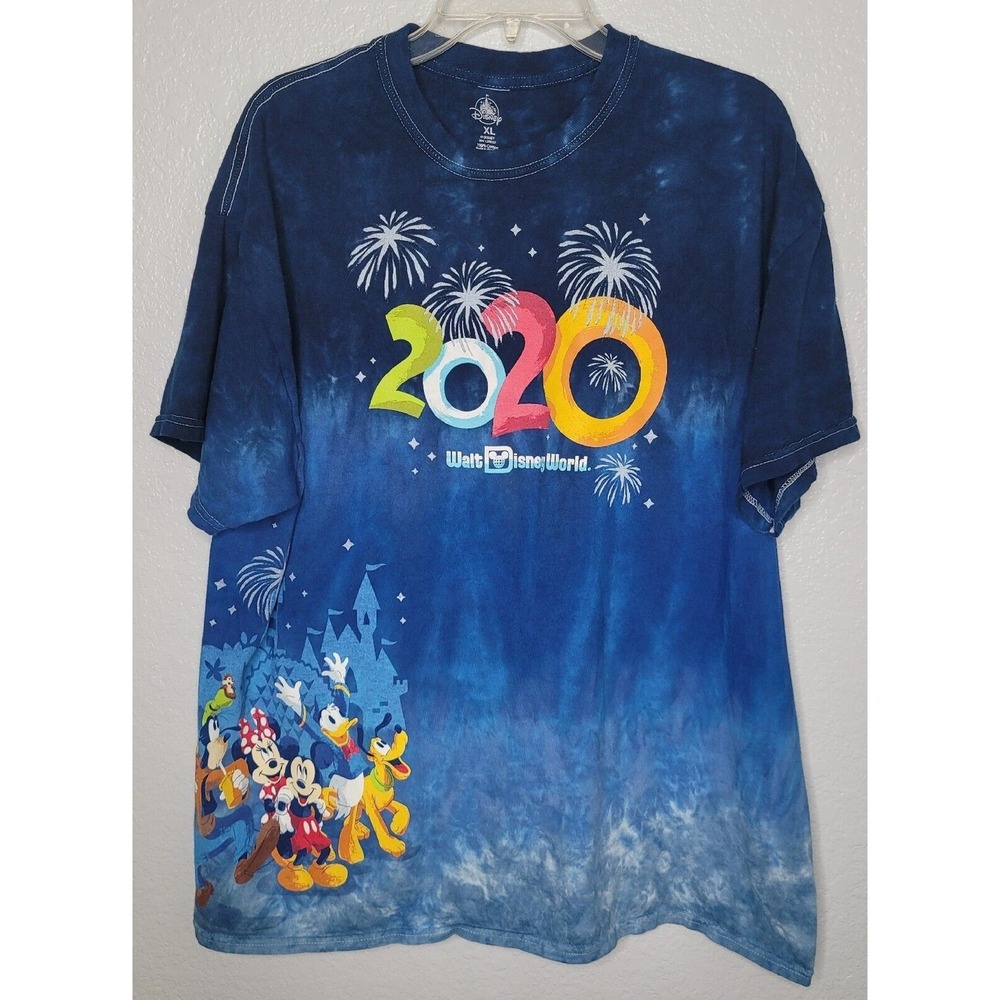 Walt Disney World 2020 Logo Fireworks Tie Dye Tee Shirt Size XL Blue